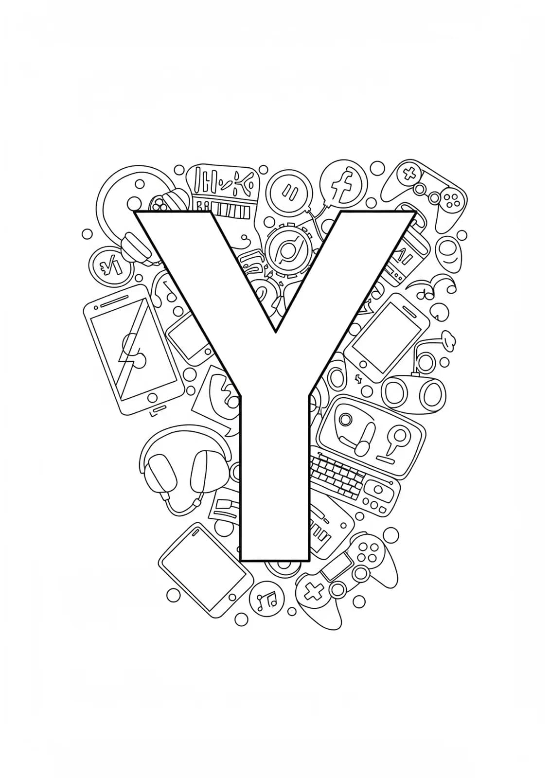 Letter Y with technology items like smartphones, earbuds, game controllers, and social icons.