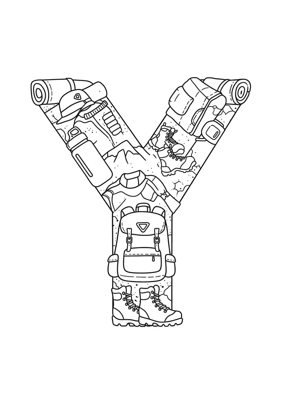 Large letter Y with simple camping and mountain gear illustrations.