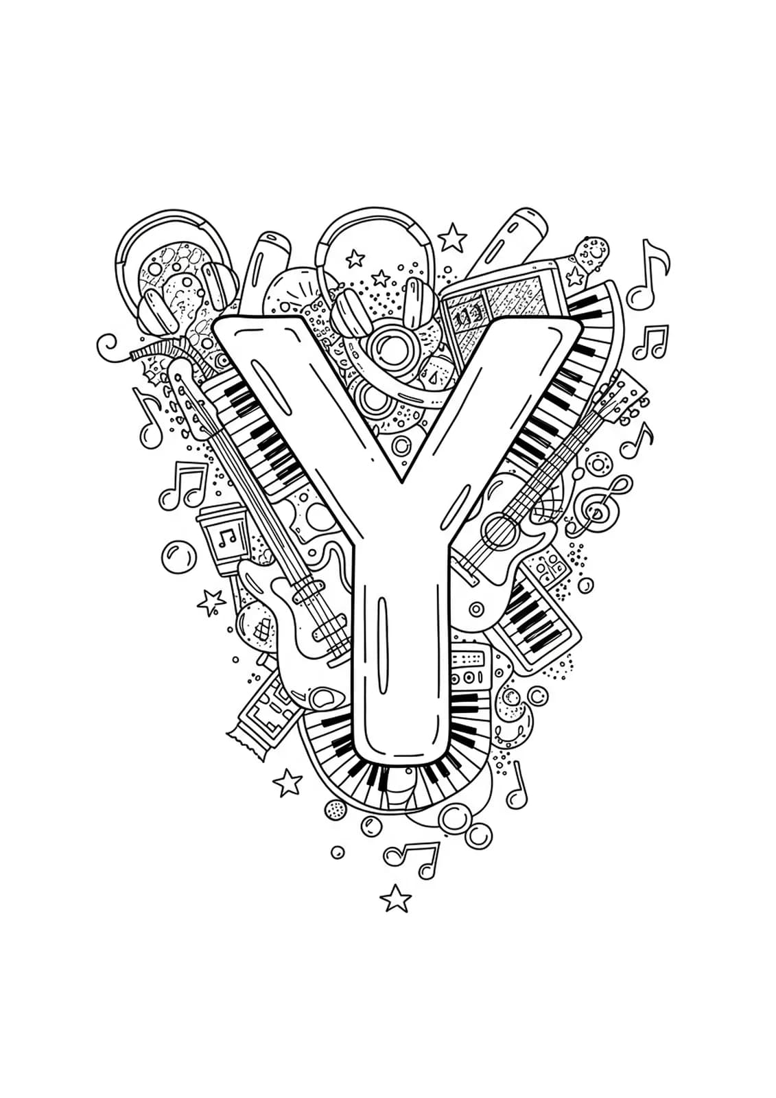Letter Y surrounded by guitars, musical notes, headphones, and festival wristbands.