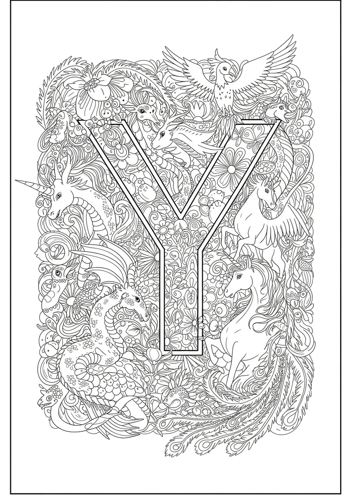 Letter Y entwined with line art dragons, unicorns, and phoenixes in a mythical style.