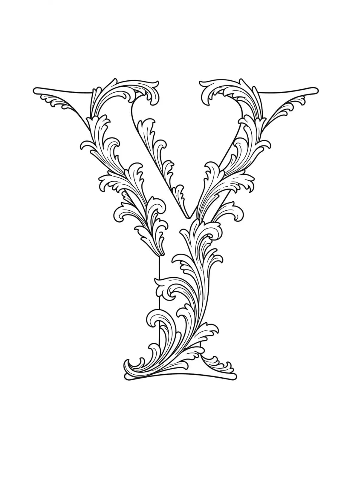 Letter Y surrounded by ornate baroque scrolls and floral flourishes in complex line art.