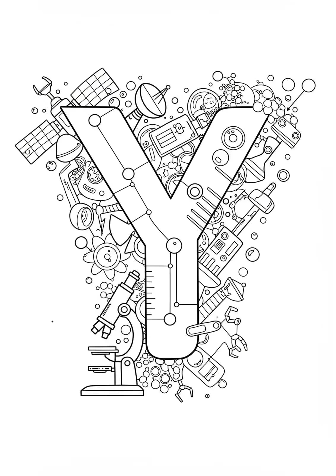 Letter Y with science-themed elements like test tubes, microscopes, satellites, and robotics.