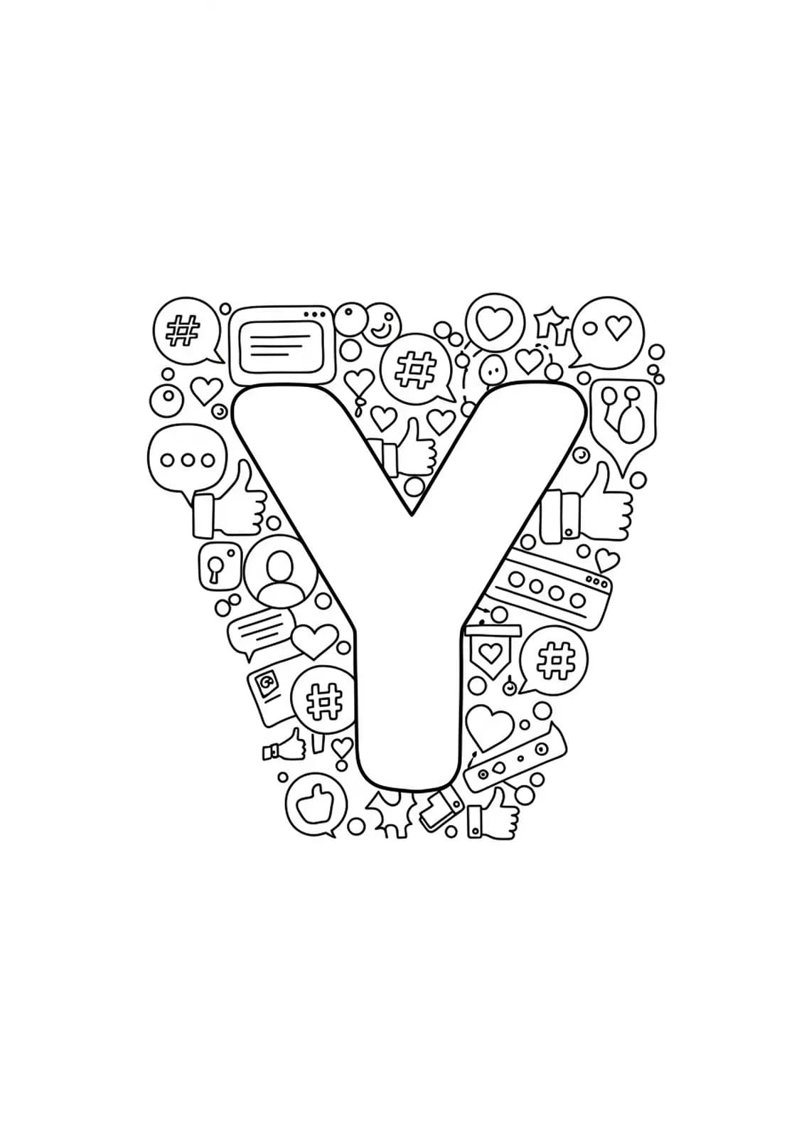 Letter Y coloring page with basic social media icon outlines.