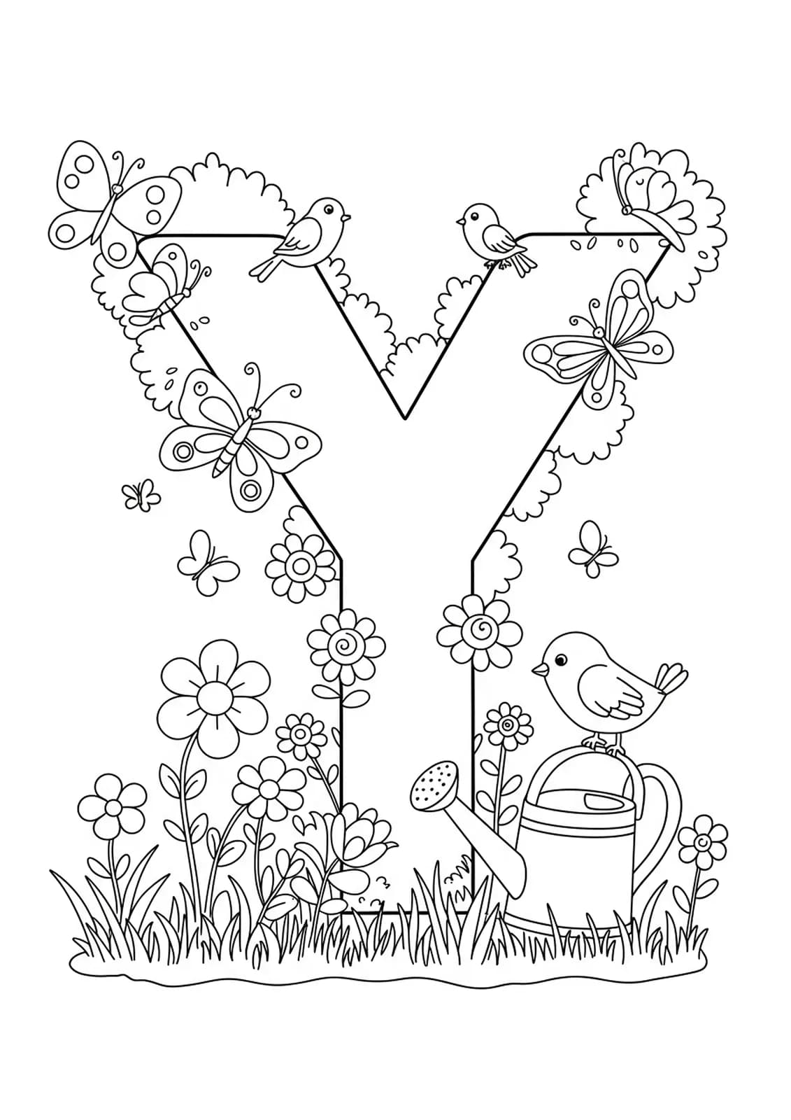 Large letter Y with butterflies, flowers, grass, watering can, and birds.