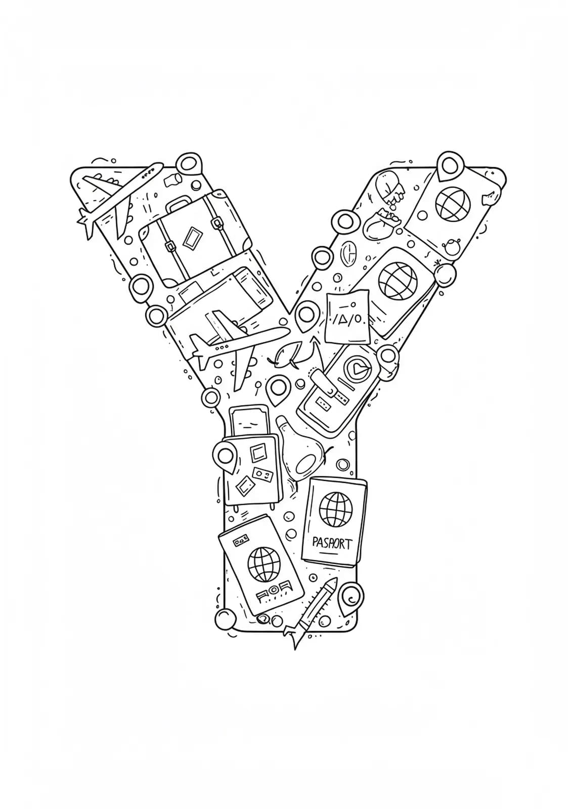 Large letter Y with basic travel icon outlines like a suitcase and airplane.