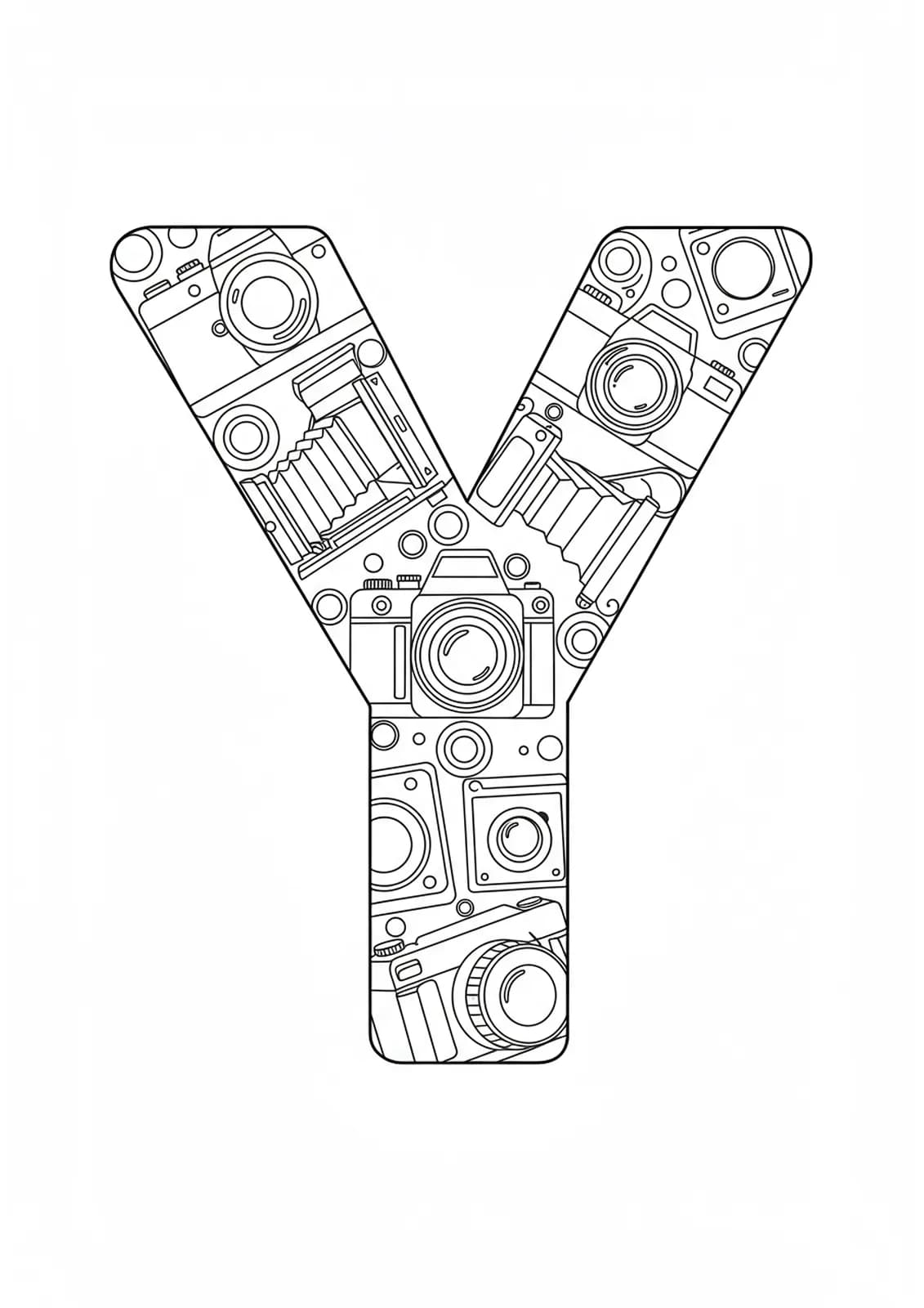 Large letter Y with easy vintage camera and photography icons.