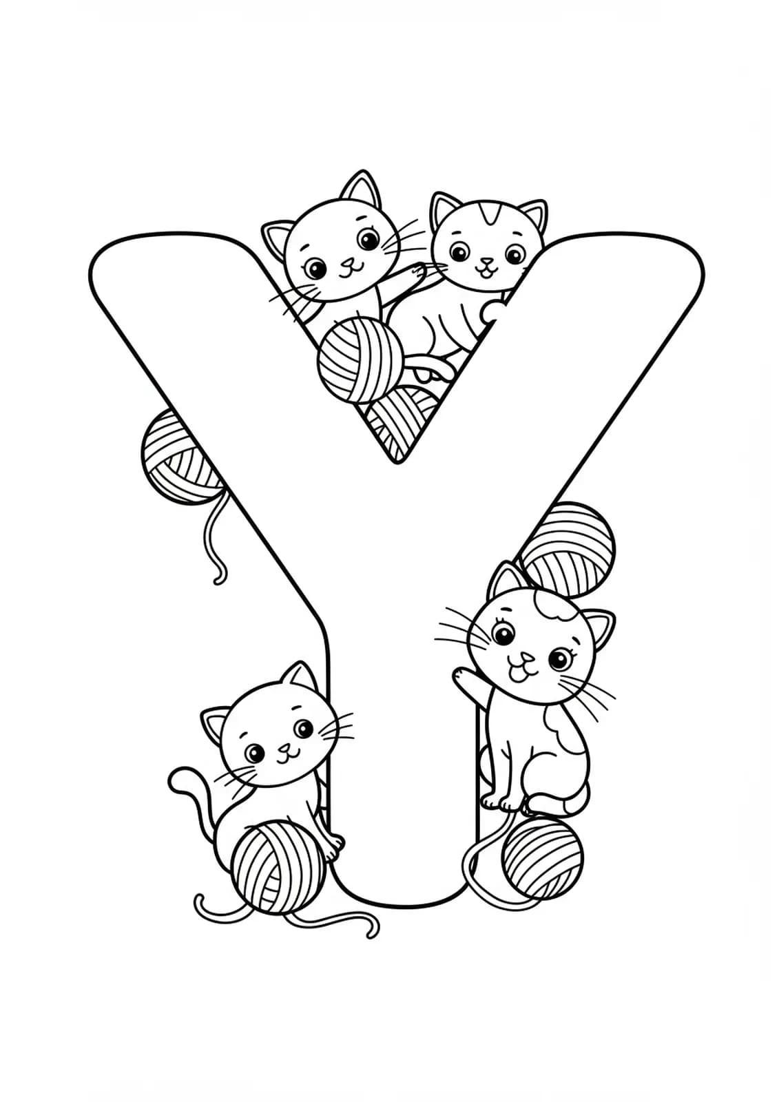 Large letter Y with playful kittens and balls of yarn.