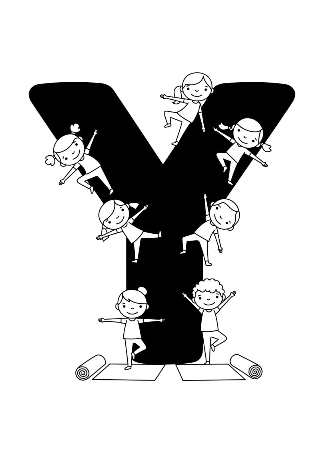 Large letter Y with children in yoga poses and yoga mats.