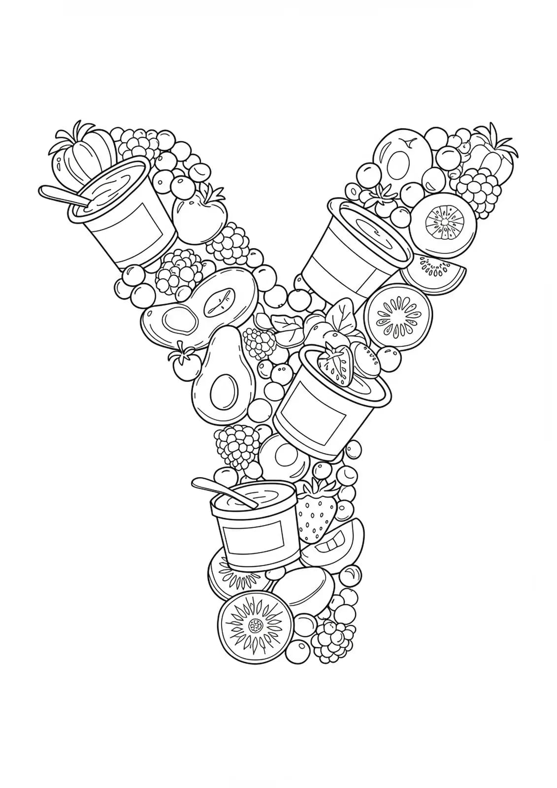 Coloring page with the letter Y, surrounded by yogurt cups, berries, and fruits, medium detail.