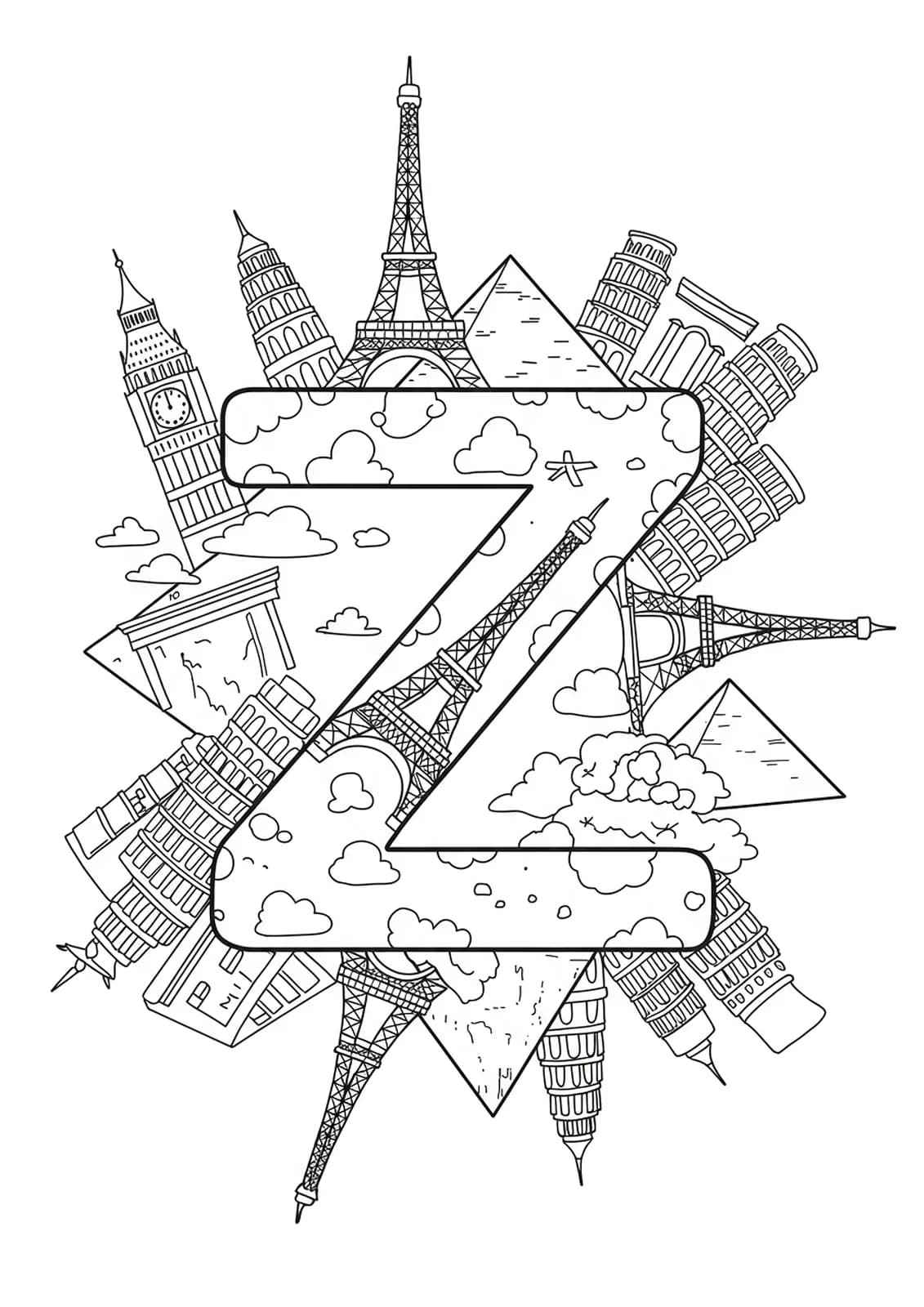 Letter Z with basic outlines of famous global travel landmarks.
