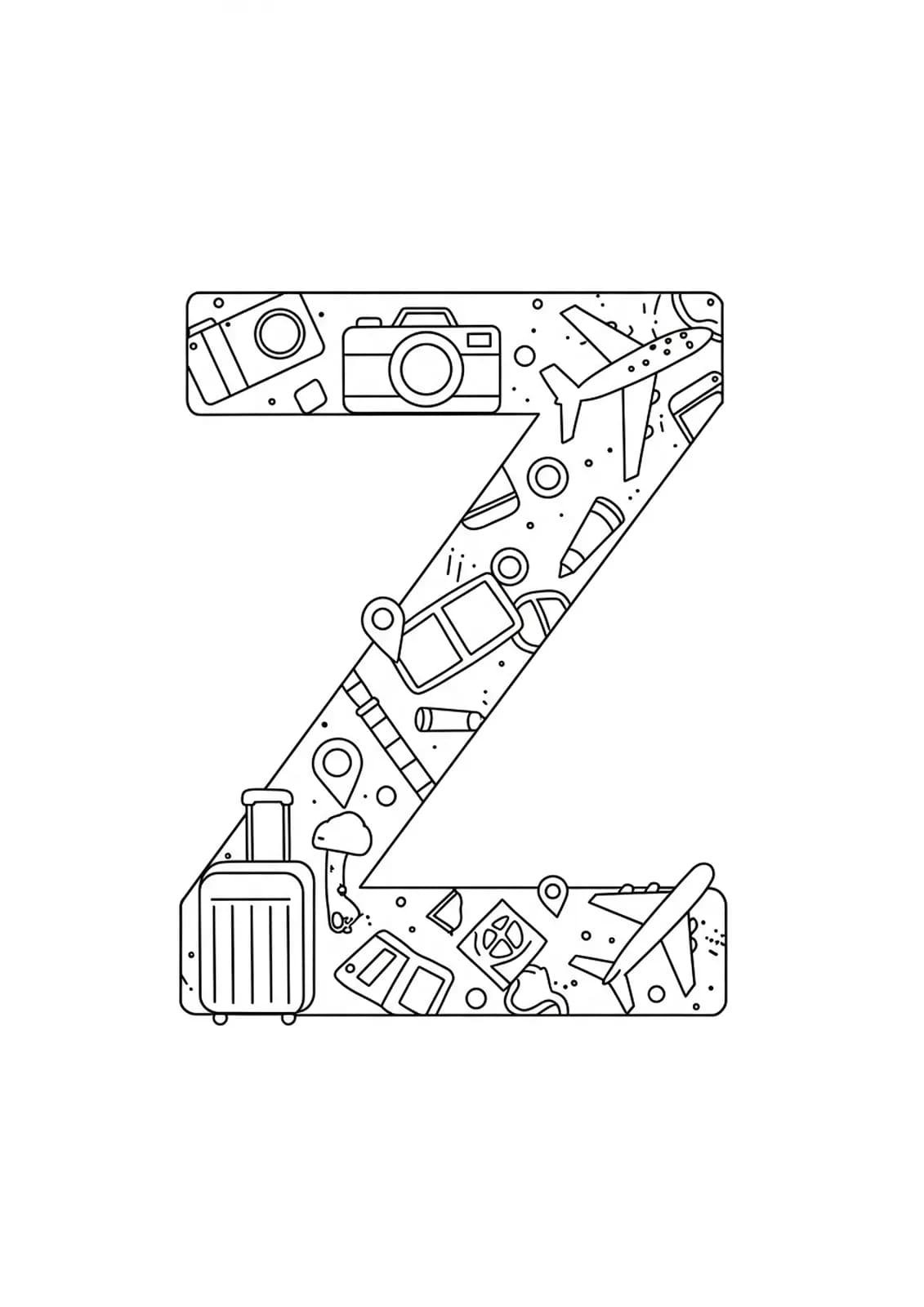 Outline of letter Z with a suitcase, camera, and airplane around it
