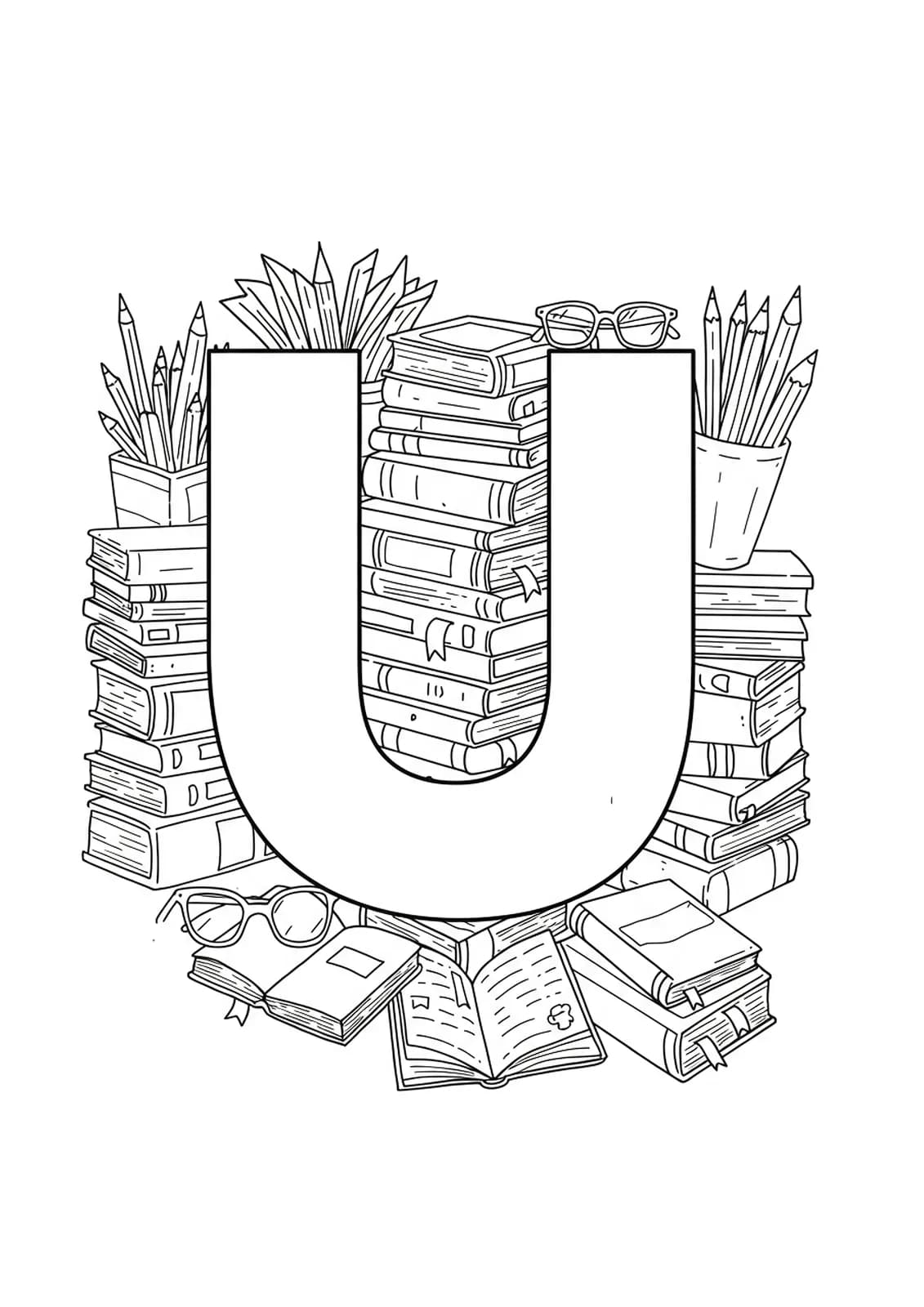 Letter U set among stacks of books, bookmarks, and reading glasses, with library-themed doodles for teens.