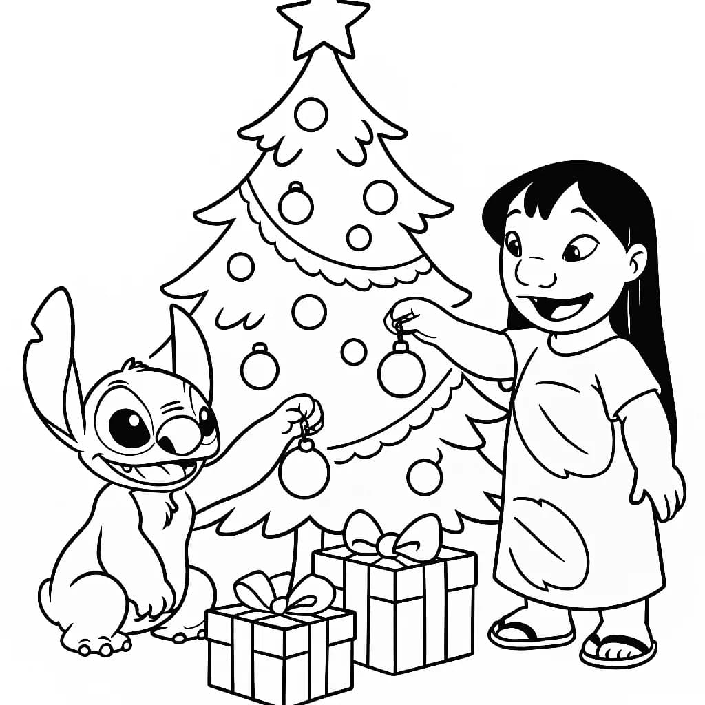Lilo and Stitch decorating a Christmas tree with presents and ornaments, simple lines, easy coloring page.