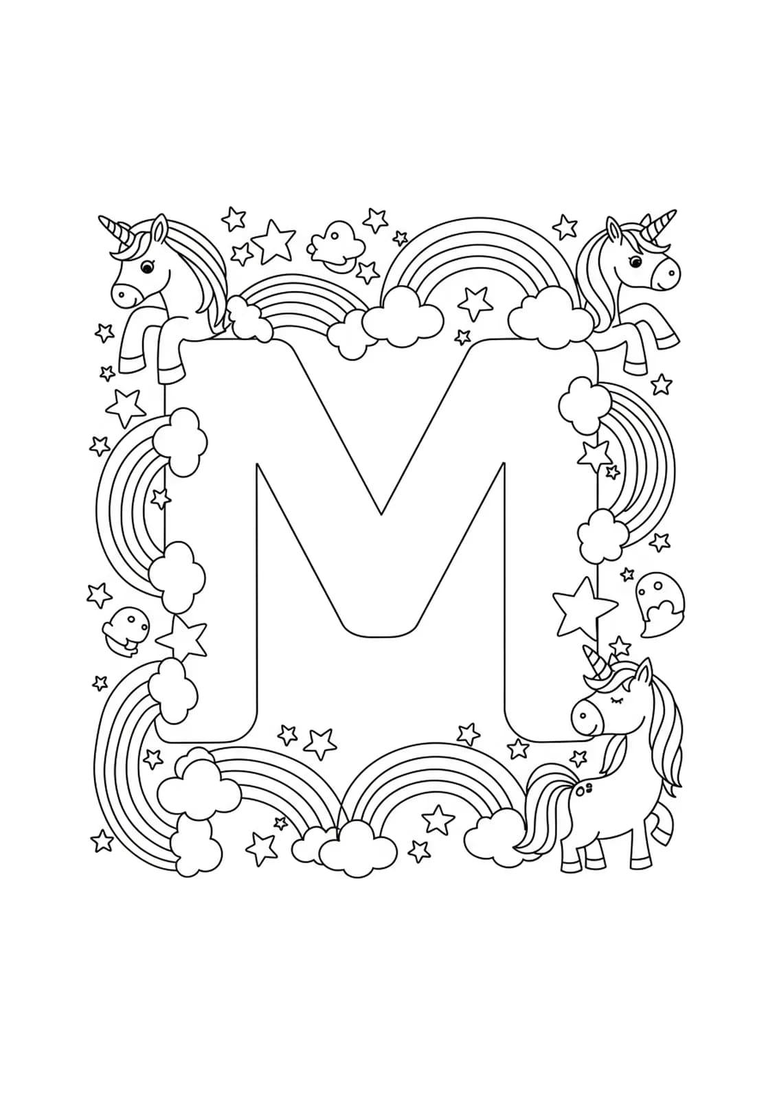 Intricate black and white drawing of unicorns, rainbows, and stars swirling around a large letter M with elaborate details.