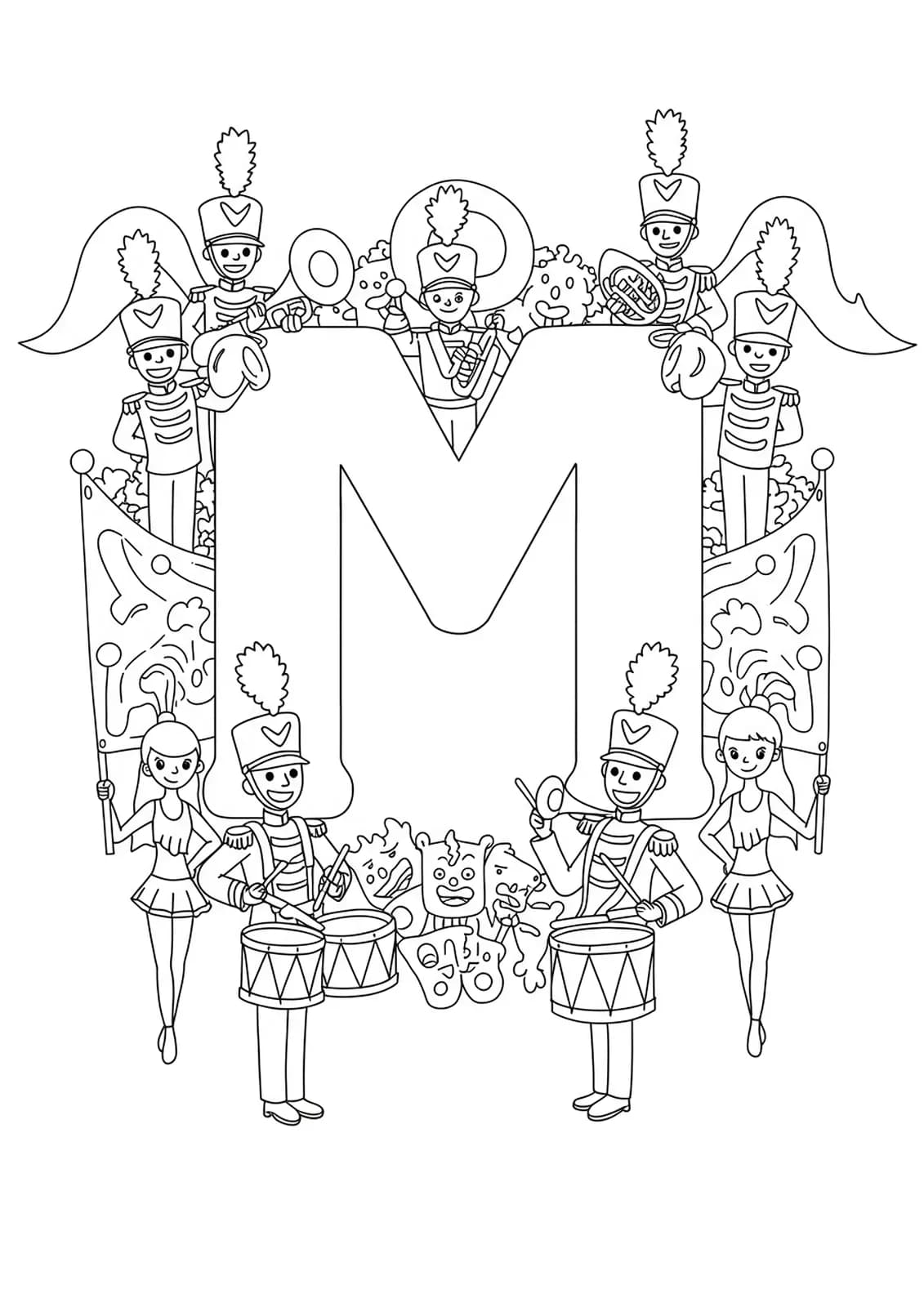 Detailed black and white outline of a marching band with drums, trumpets, majorettes, and banners around a large letter M, filled with fine details.