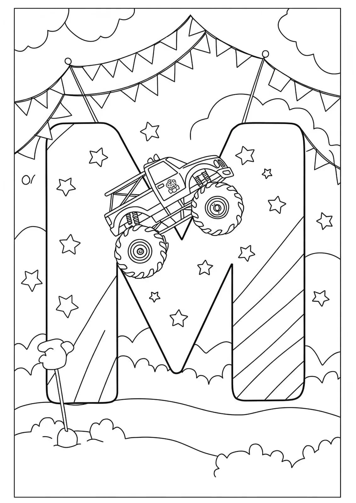 Letter M with a monster truck driving over it, flags and stars, for preschool vehicle coloring.