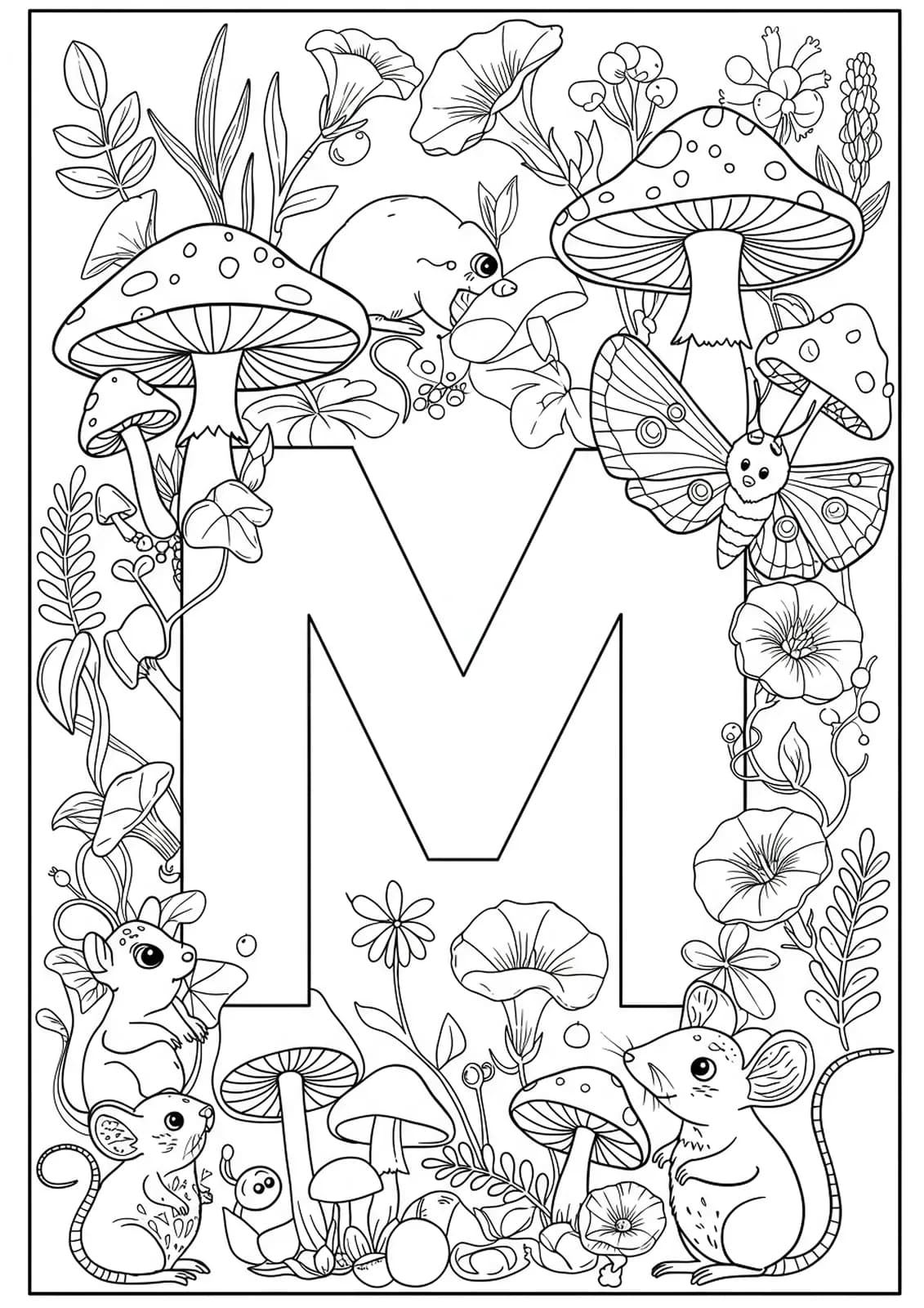 Black and white outline of a magical garden scene with mushrooms, morning glories, mice, moths, and a large letter M, filled with intricate details.