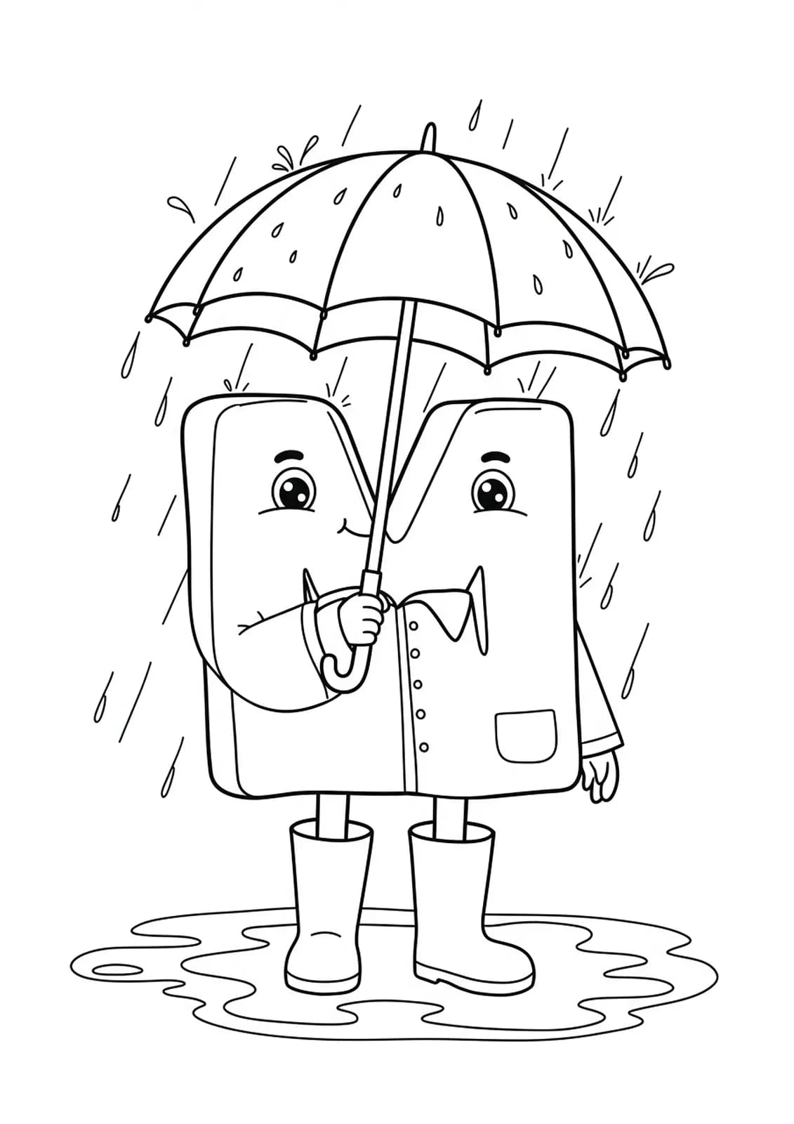 Large letter M wearing rain boots and raincoat, holding umbrella, with raindrops and puddles, for preschool coloring.