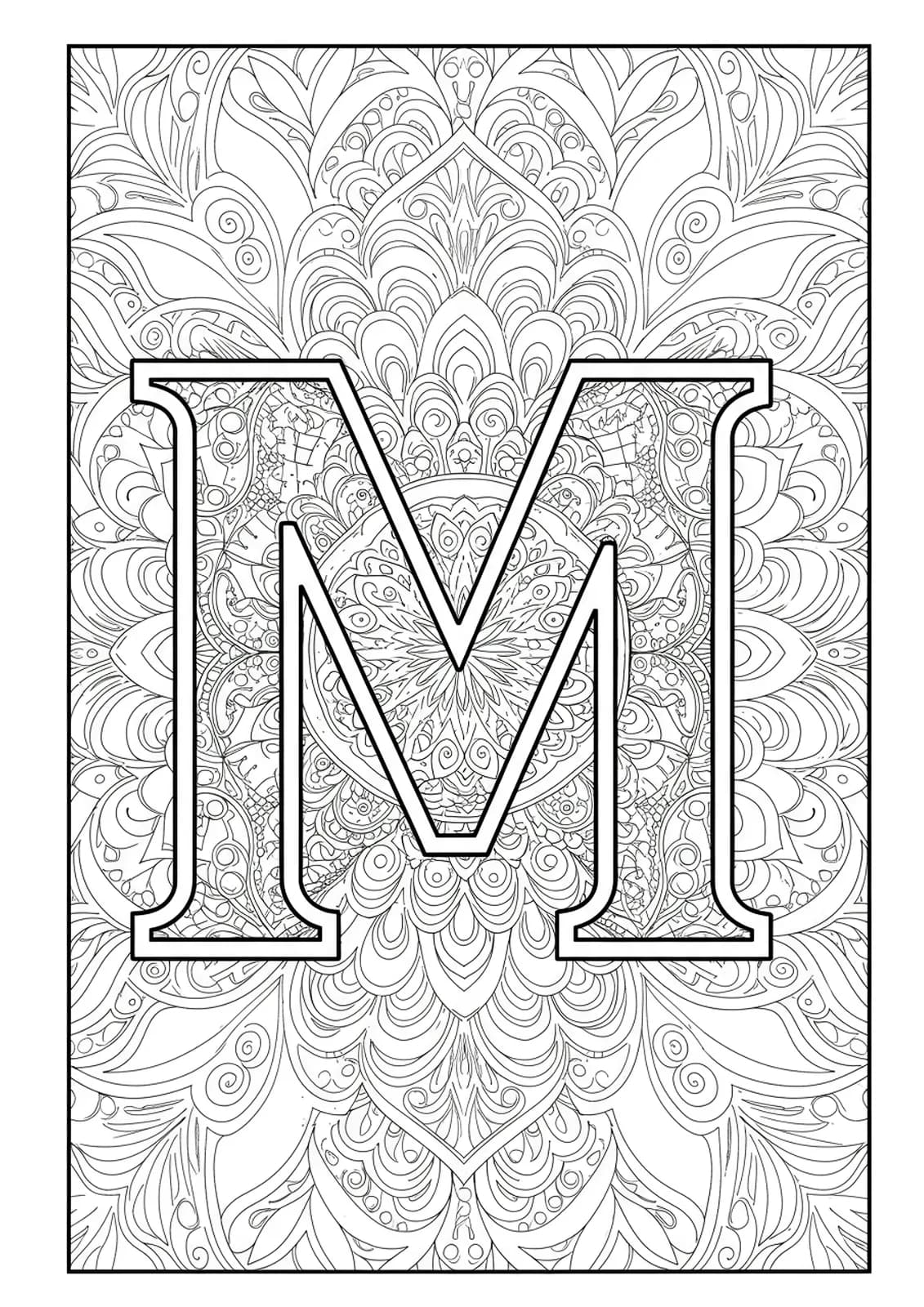 Letter M entwined with mandala-inspired symmetrical patterns in a medium-detailed adult coloring page.