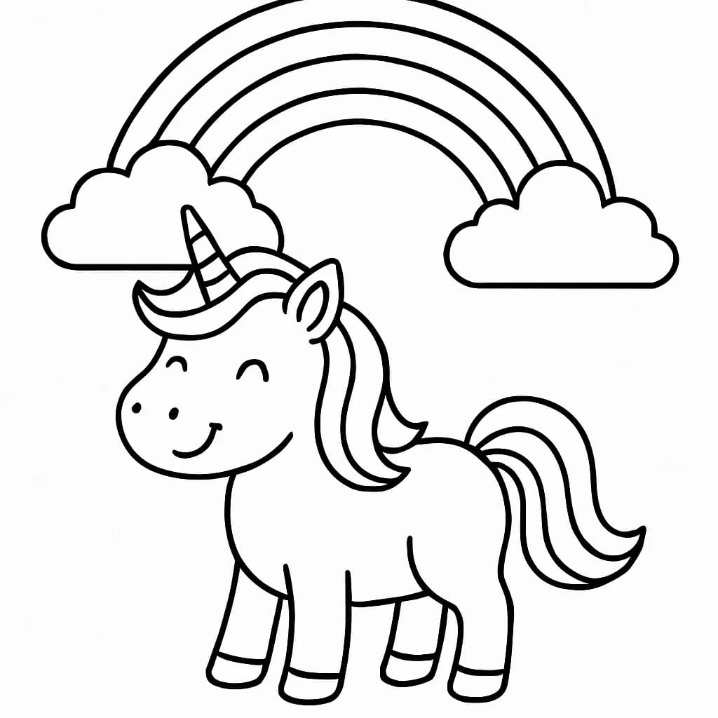 Easy unicorn and rainbow coloring page for kids, simple outlines