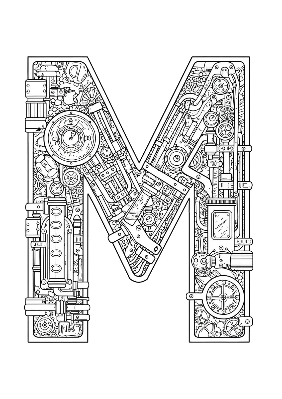 Intricate letter M surrounded by detailed steampunk gears and pipes for adult coloring.