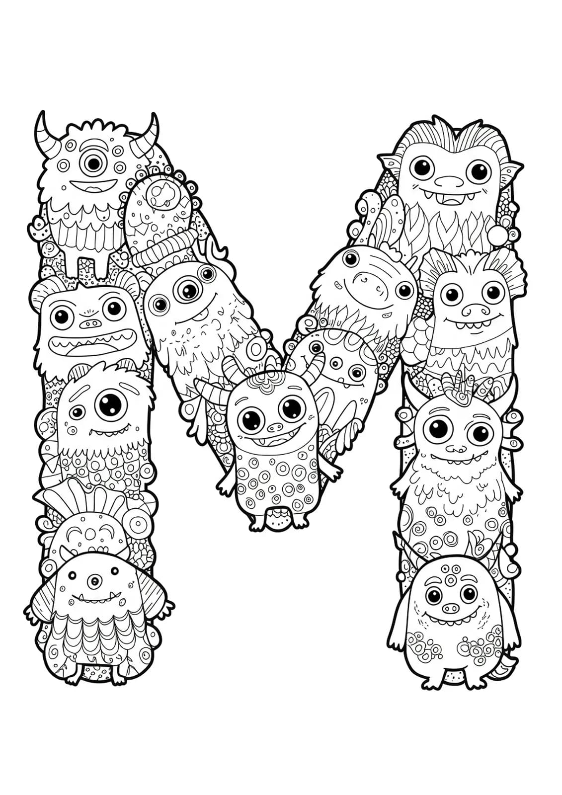 Letter M coloring page with detailed, whimsical monsters, horns, and patterned bodies.
