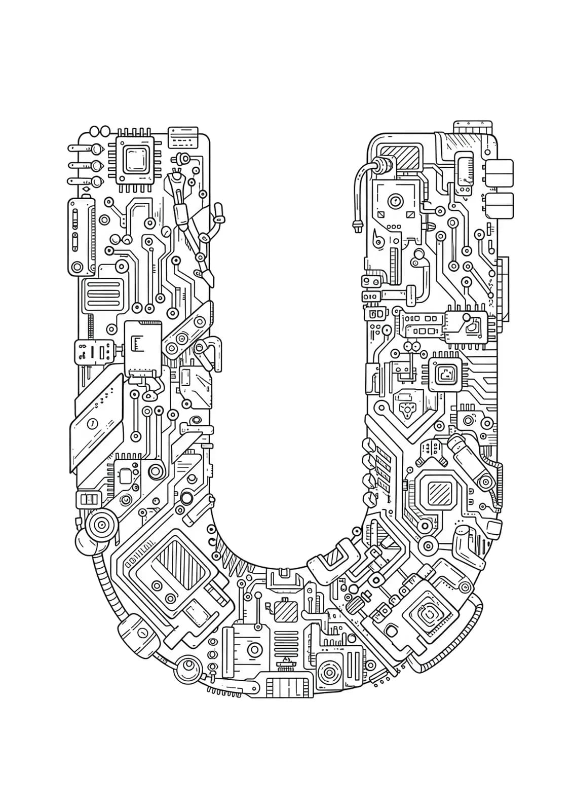 Letter U composed of intricate circuit boards, microchips, robotic arms, and tech patterns for teens to color.