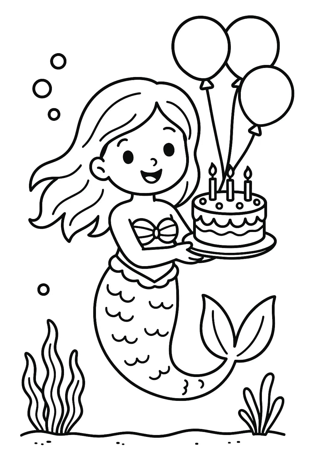 Simple mermaid coloring page showing a mermaid with a birthday cake and balloons under the sea.