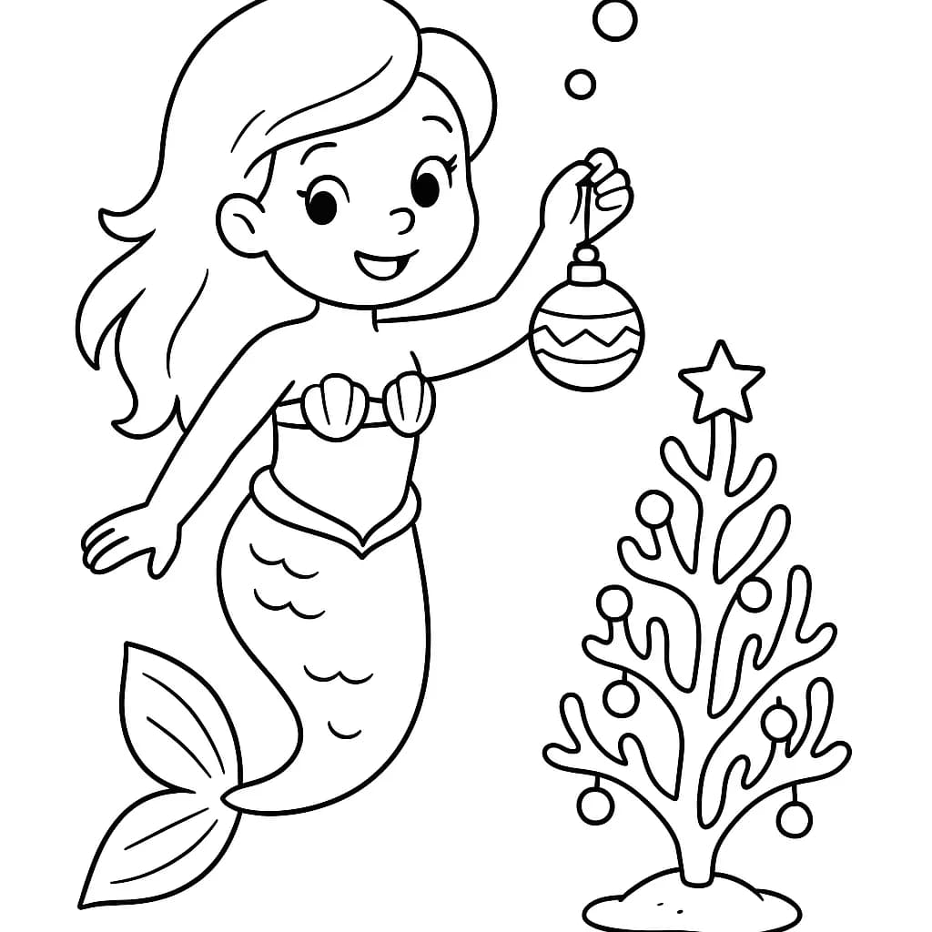 A mermaid holding a Christmas ornament underwater with holiday decorations around her, easy coloring page.