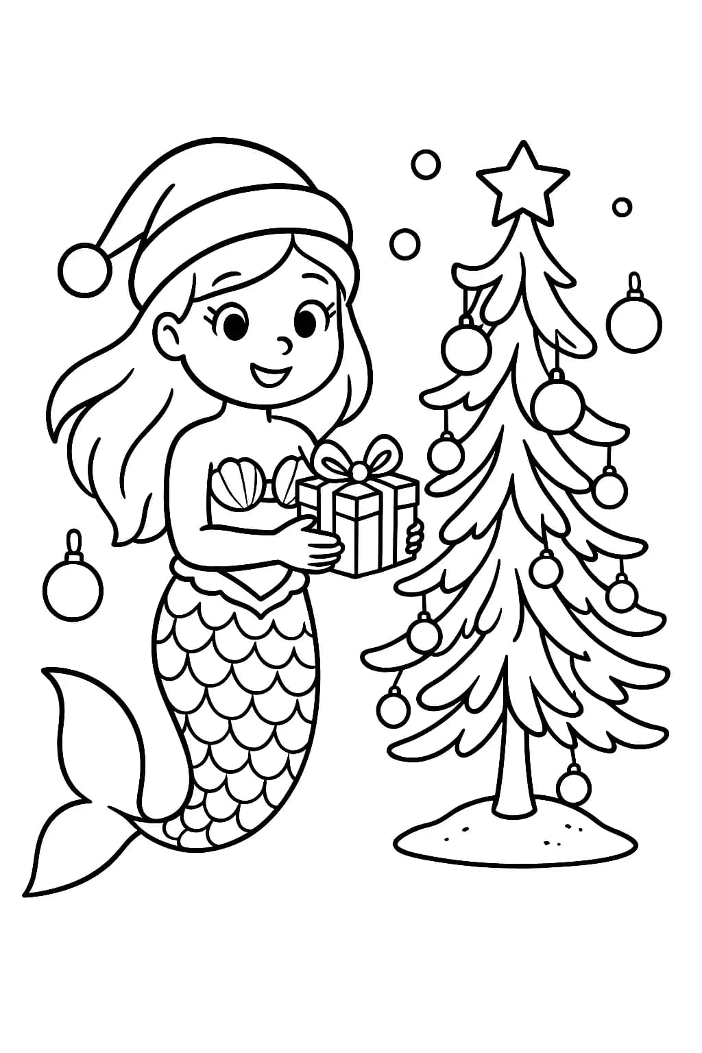 Mermaid with a Santa hat holding a gift next to a decorated seaweed Christmas tree, with large, simple outlines for easy coloring.