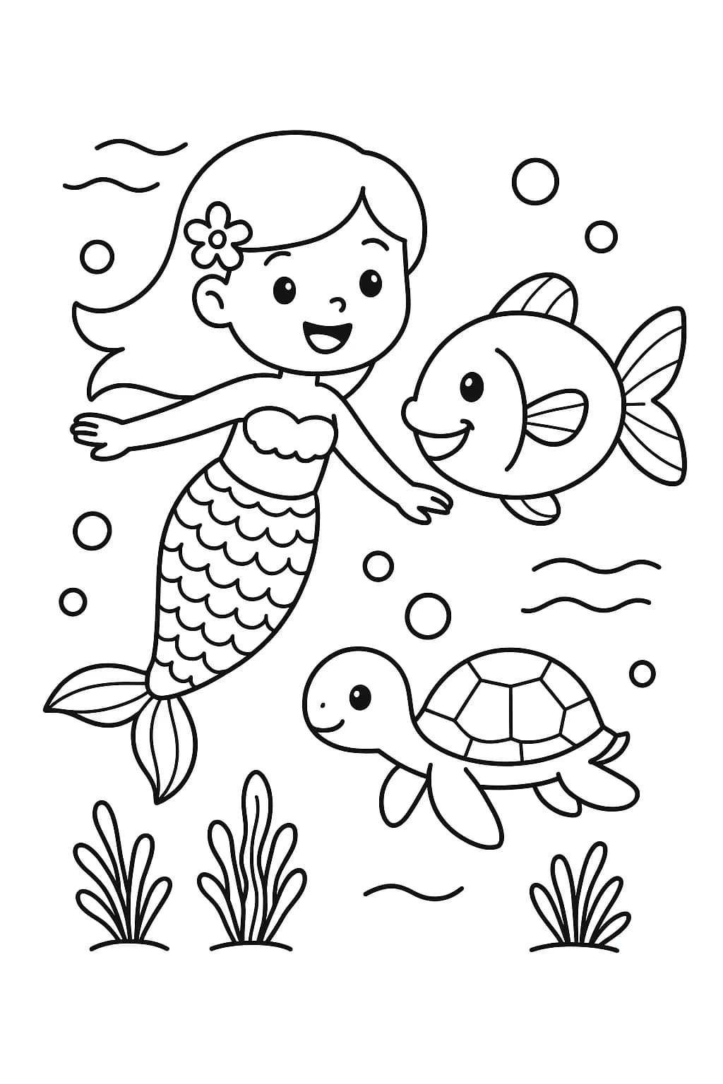 Easy coloring page of a mermaid with a big fish and a turtle, all smiling together.