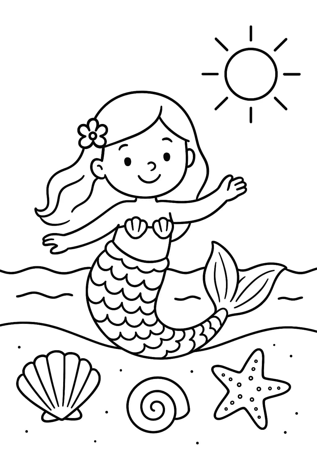 Easy coloring page of a mermaid swimming at the beach with seashells and starfish.