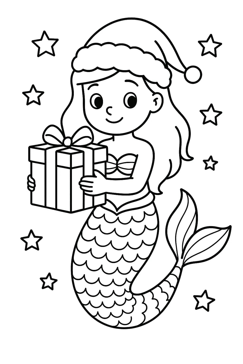 Easy coloring page of a mermaid in a Santa hat holding a wrapped present with stars around.