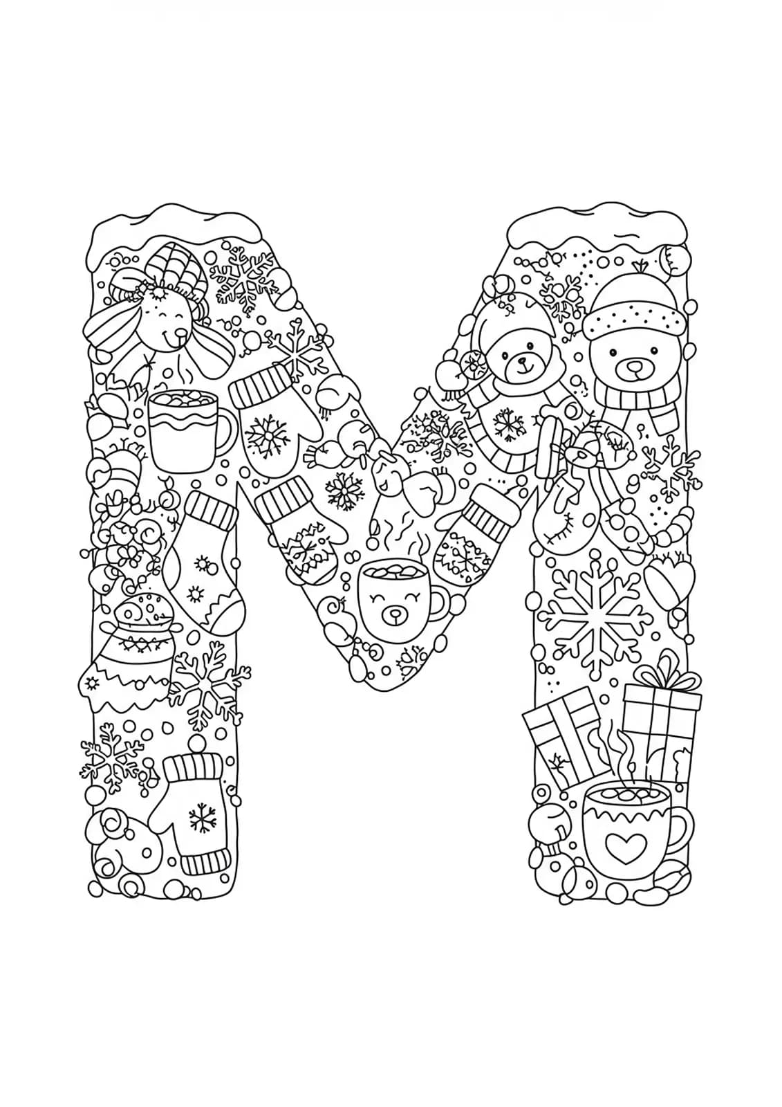 Letter M coloring page with snow, snowflakes, mittens, cocoa mugs, and animals for winter.
