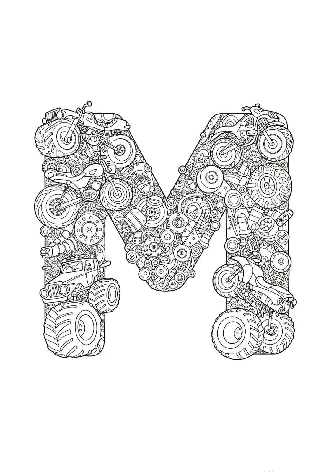 Detailed line art of monster trucks, motorcycles, and other big vehicles around a large letter M with complex machinery patterns.