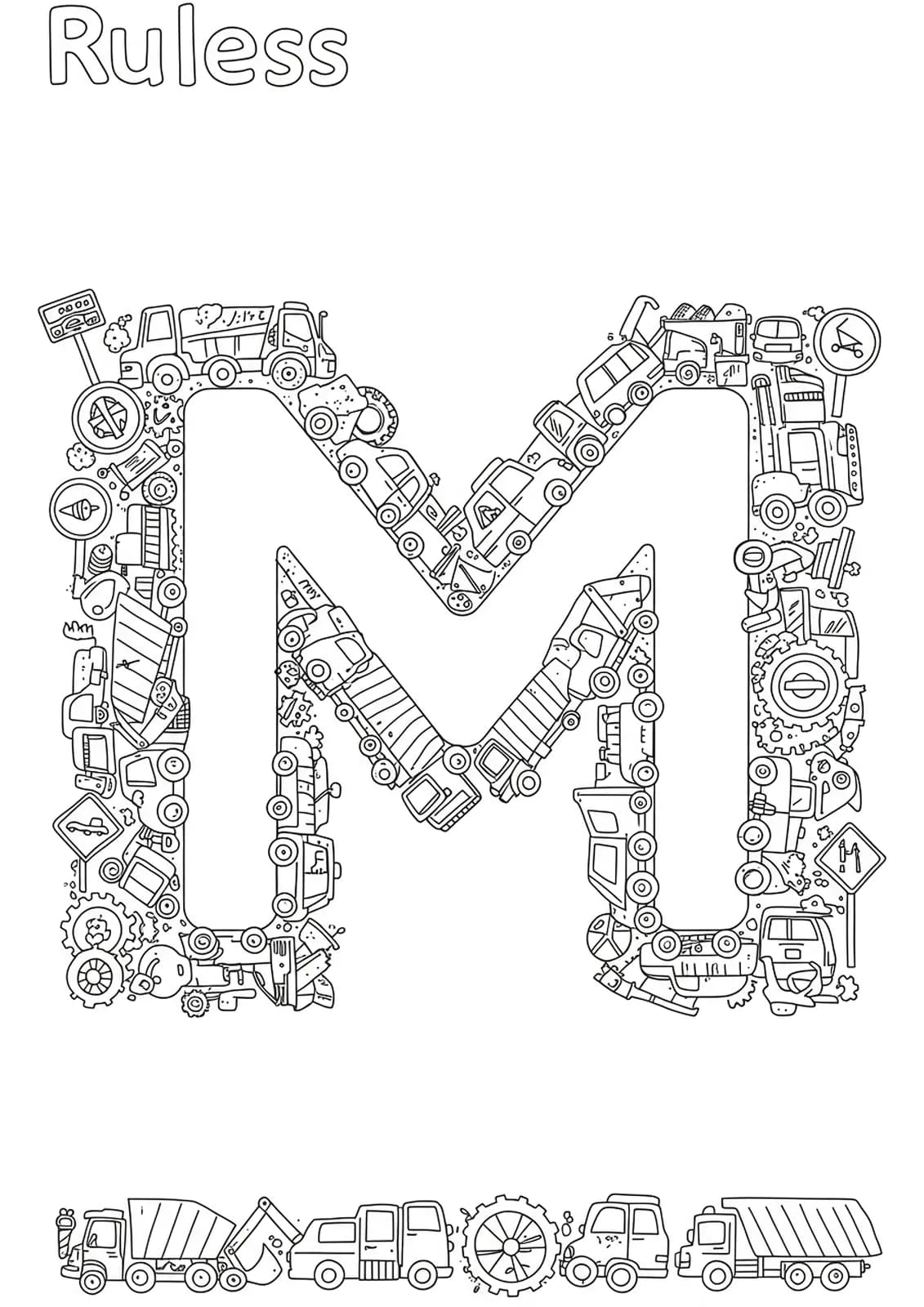 Letter M coloring page with trucks, cars, construction vehicles, and gears for a vehicle theme.