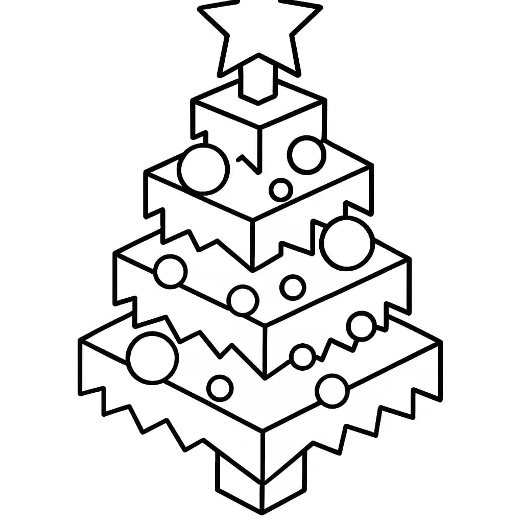 Simple Minecraft-style Christmas tree with blocky ornaments for preschool coloring.