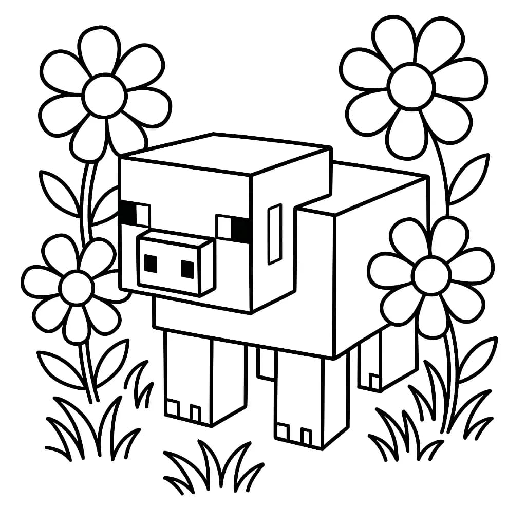 Blocky Minecraft pig standing in a garden with large flowers and grass, easy outlines.