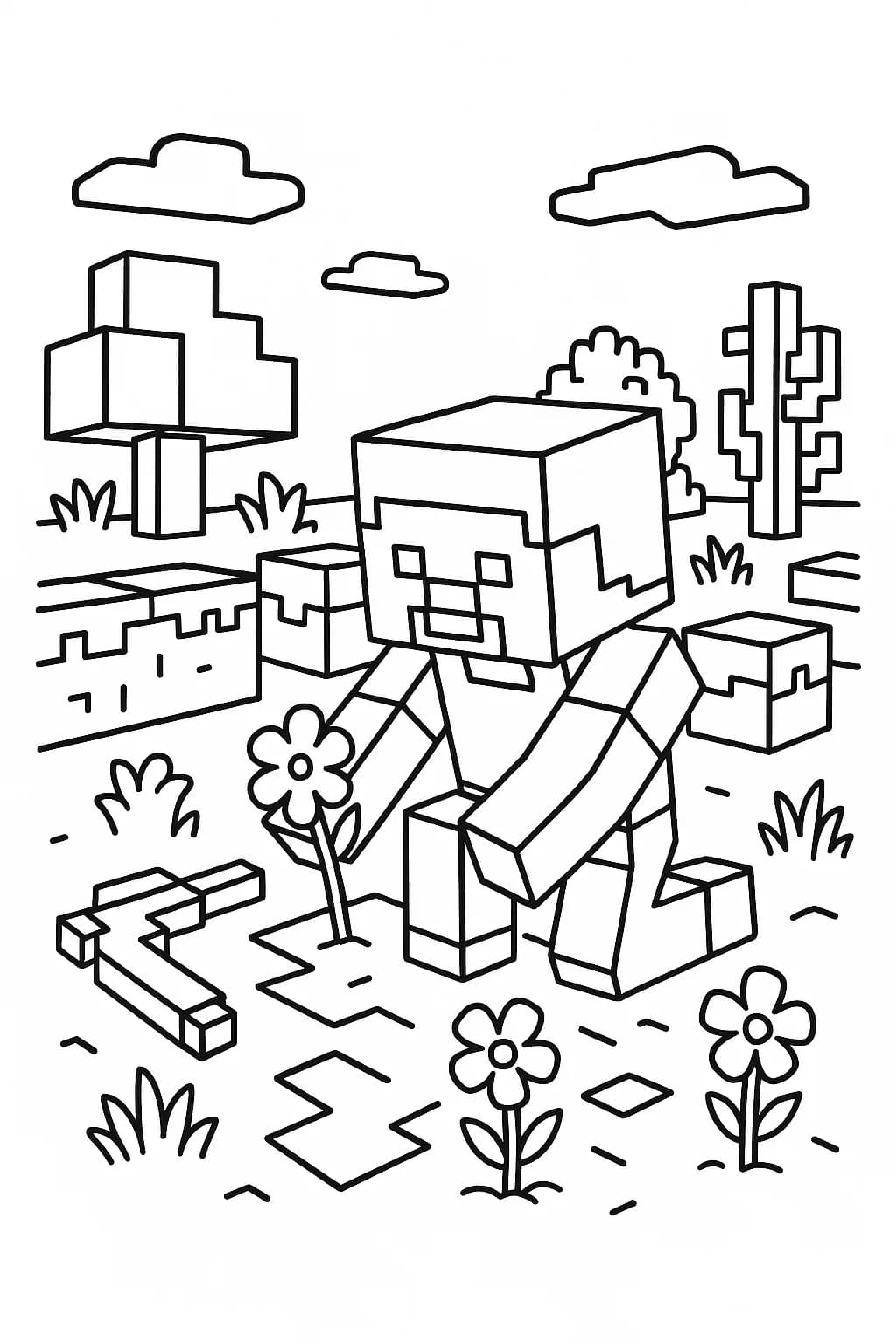 Simple Minecraft garden with character, flowers, and pickaxe, blocky plants, easy outlines.