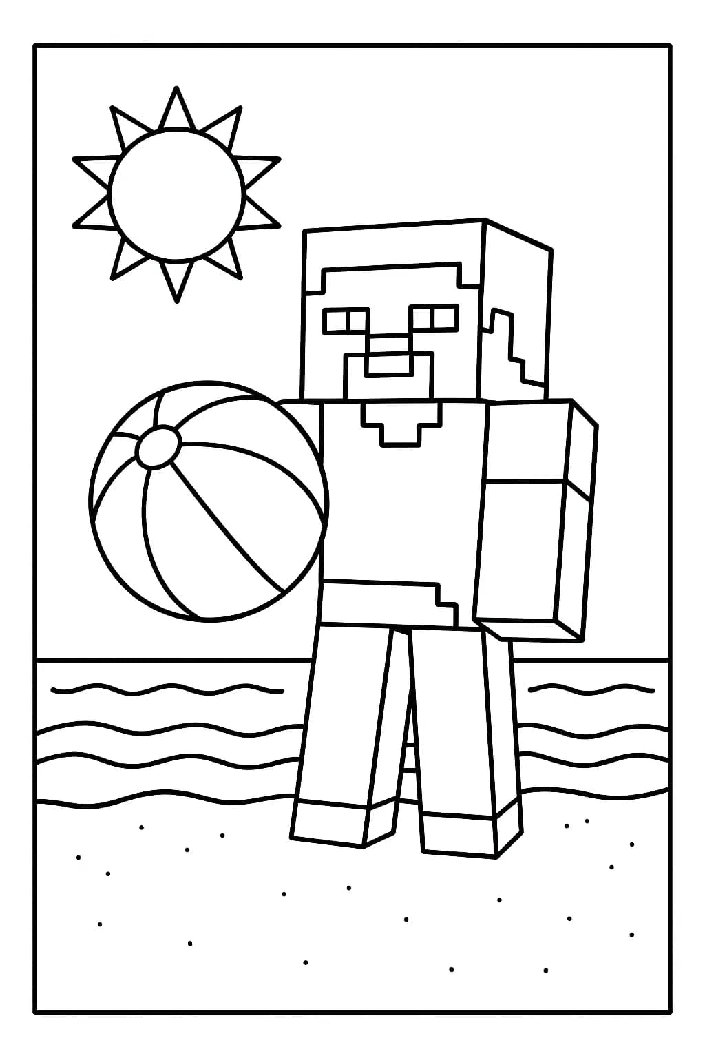 Preschool coloring page of Minecraft Steve with a beach ball on the sand and sun overhead.