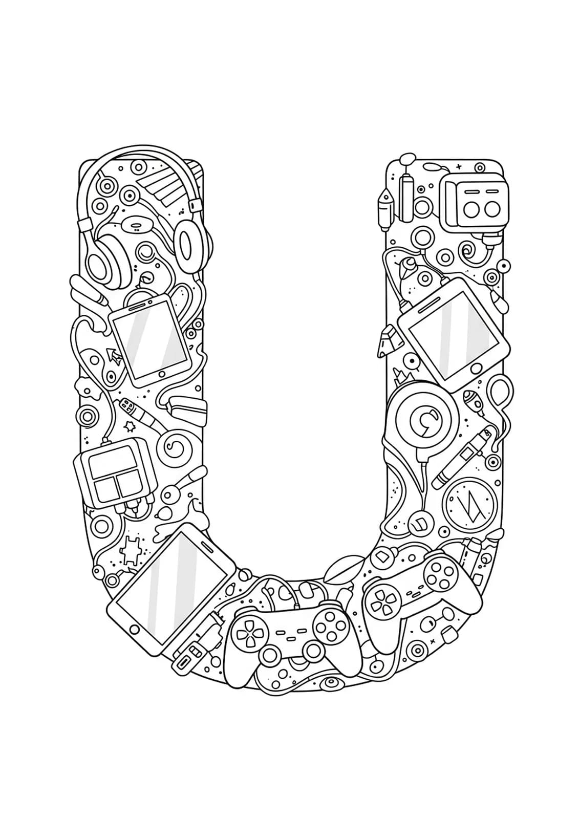 Letter U with tech gadgets like headphones, smartphone, and game controller, easy to color.