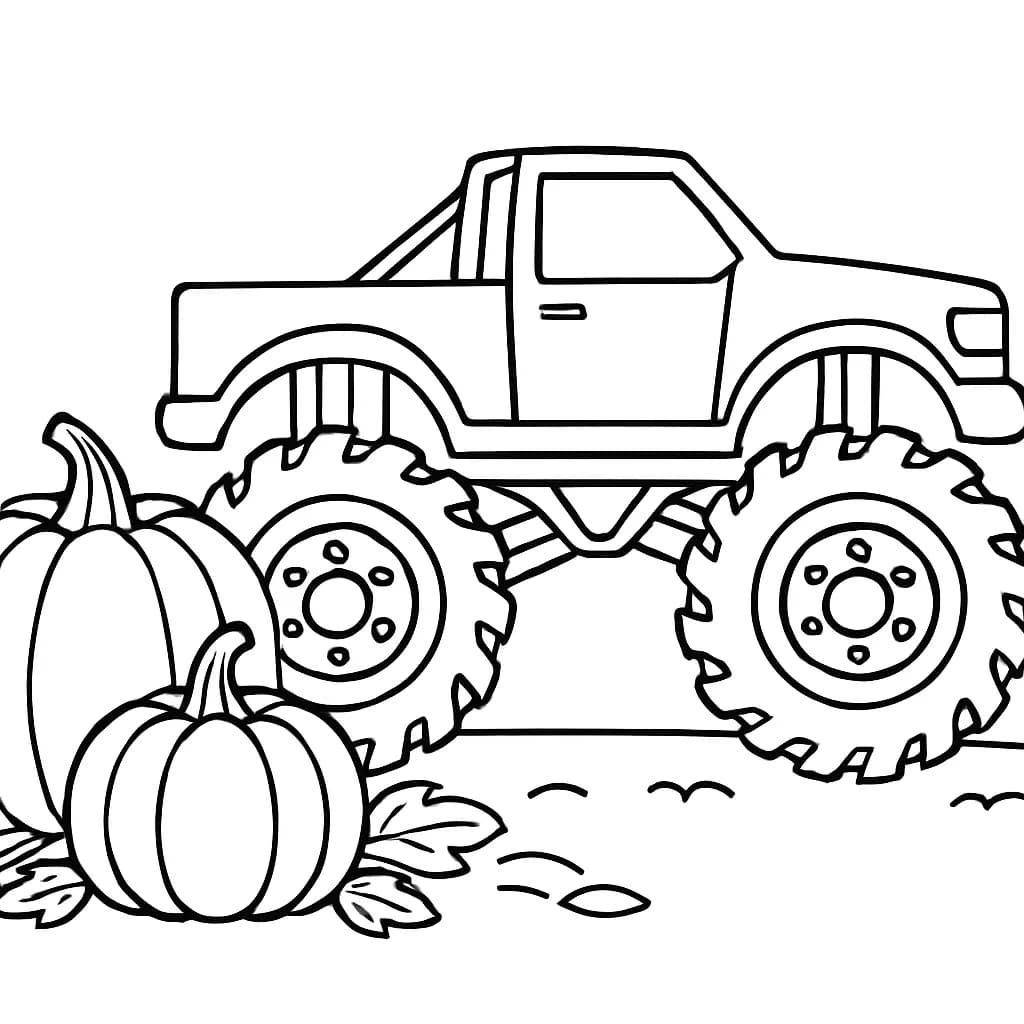 Easy autumn monster truck coloring page with pumpkins for preschoolers