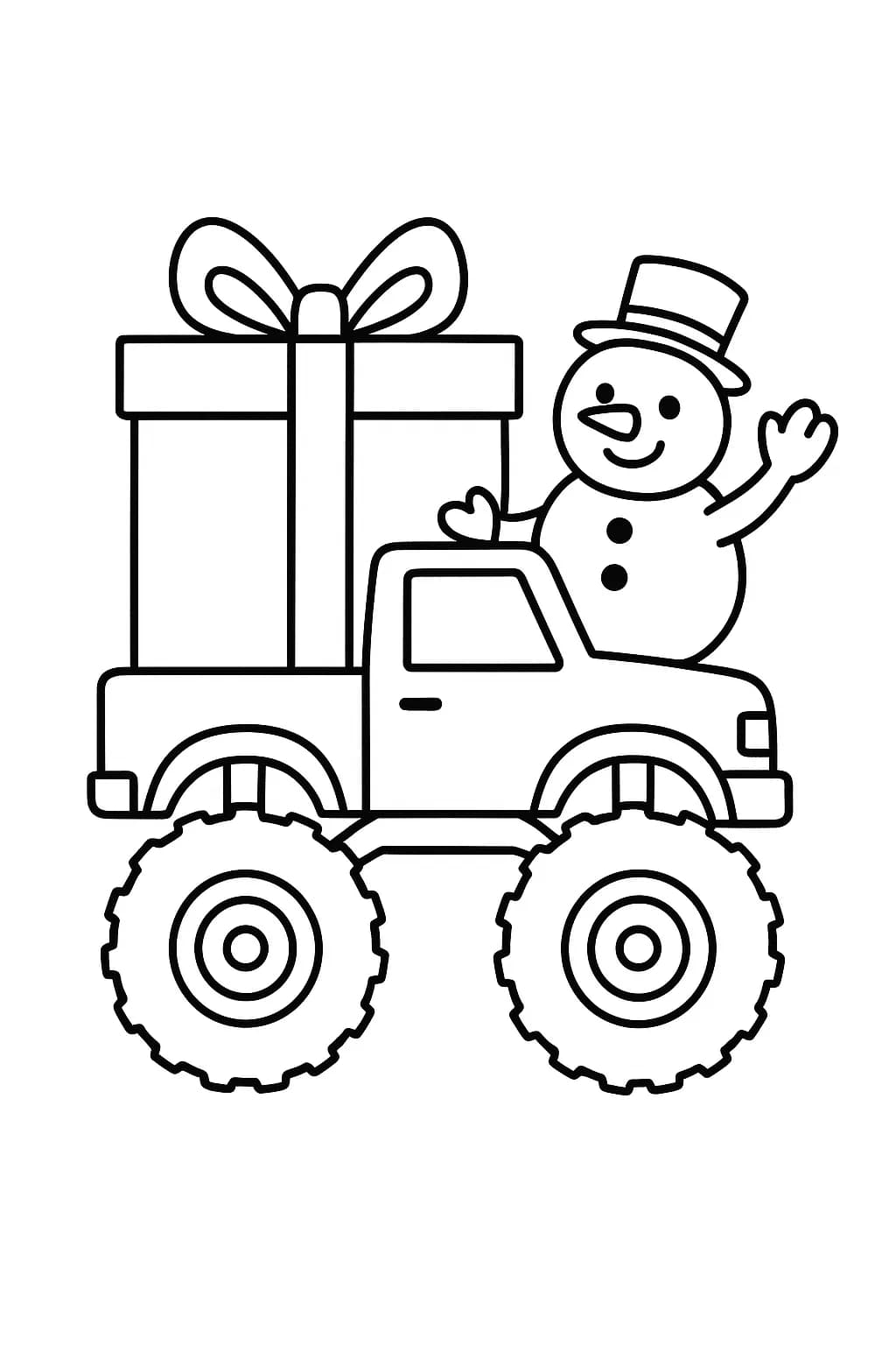 Christmas monster truck coloring page with a present and snowman for preschoolers