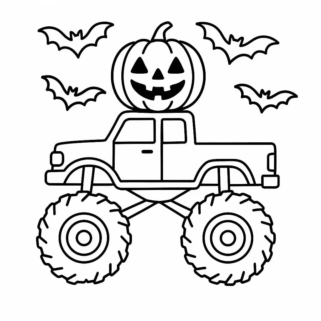 Easy outline of a monster truck with a pumpkin decoration and bats, Halloween themed, for preschoolers.