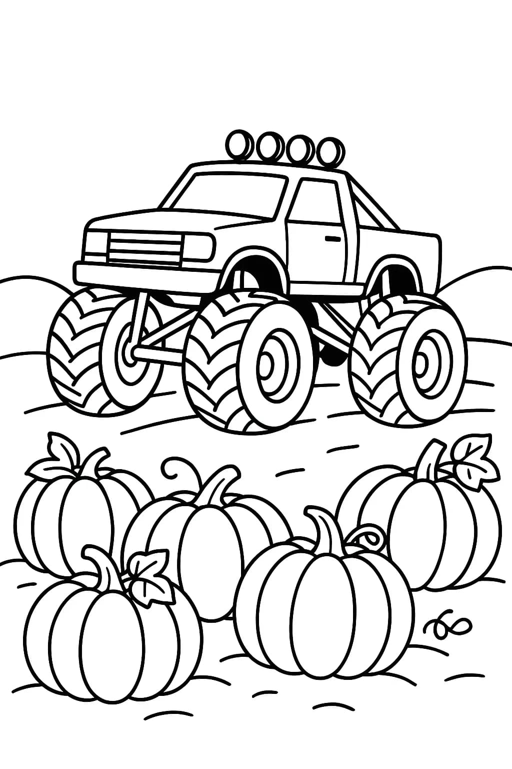 Easy coloring page of a monster truck driving through a pumpkin patch with large pumpkins around.