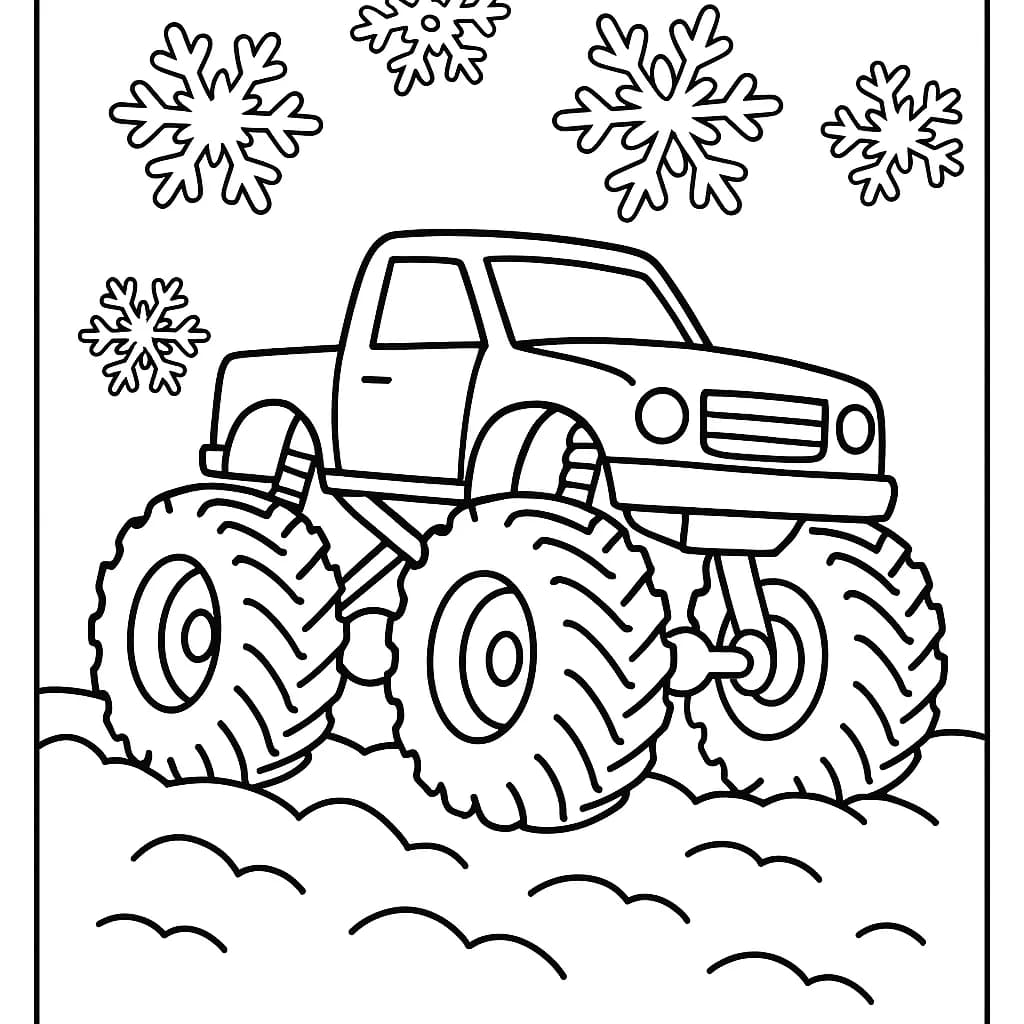 Simple drawing of a monster truck driving in the snow with snowflakes, winter scene for preschool kids.