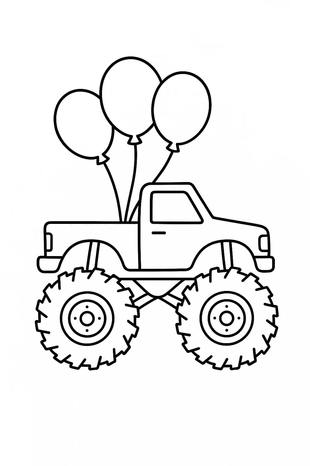 Monster truck with large birthday balloons tied to the back, simple outlines for easy coloring.