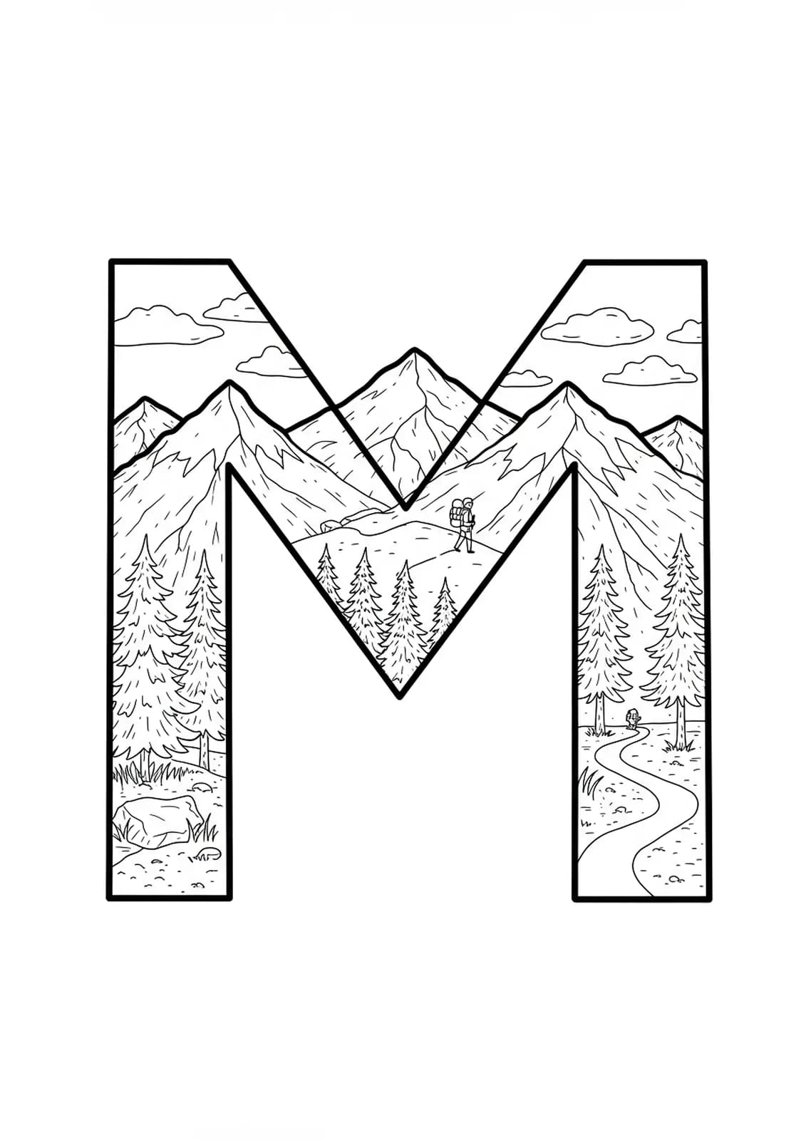 Letter M with mountain peaks, pine trees, and hiking trails in a medium-detailed adult coloring page.