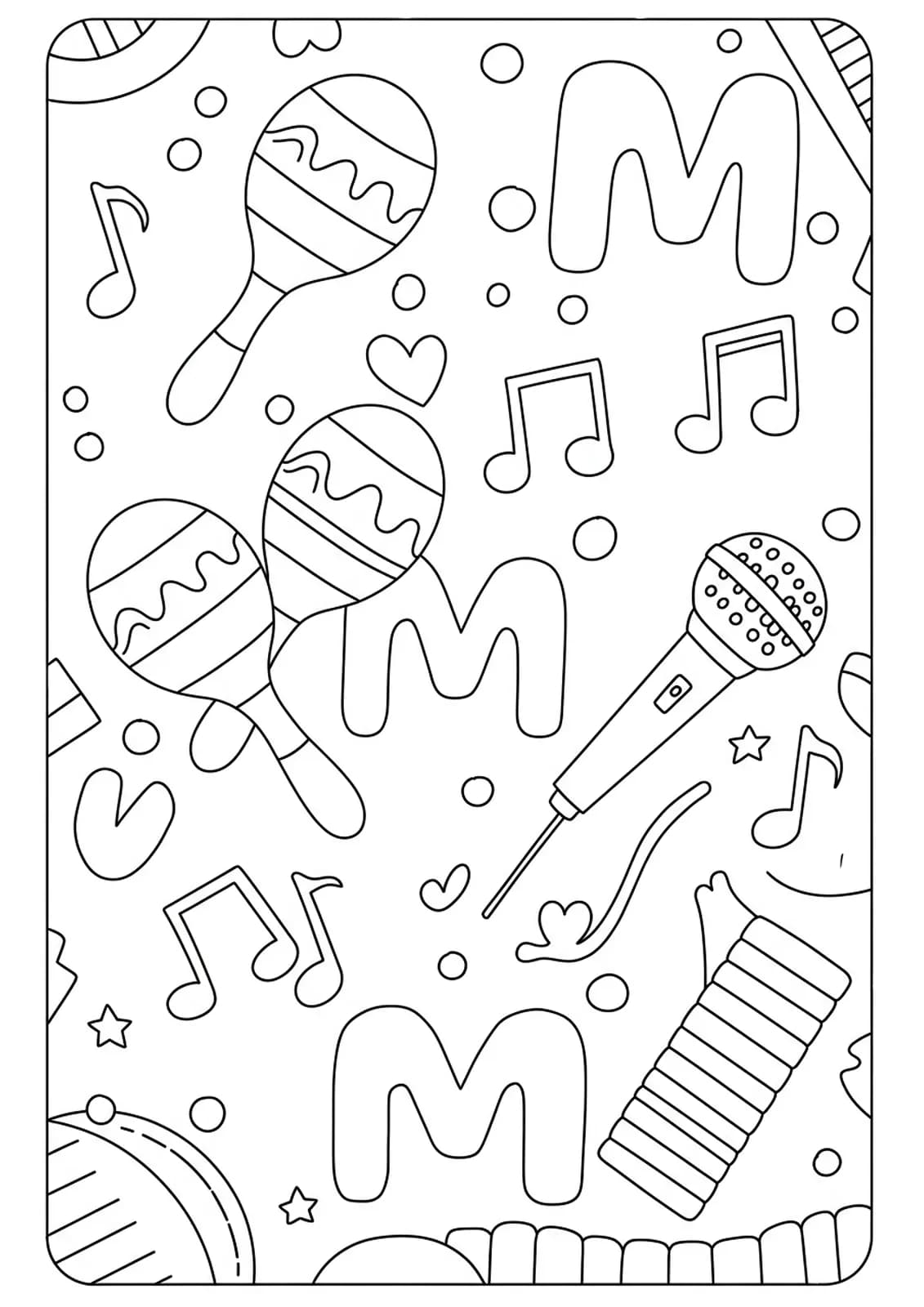 Detailed outline drawing of various musical instruments such as maracas, microphone, and notes arranged around letter M with intricate patterns.