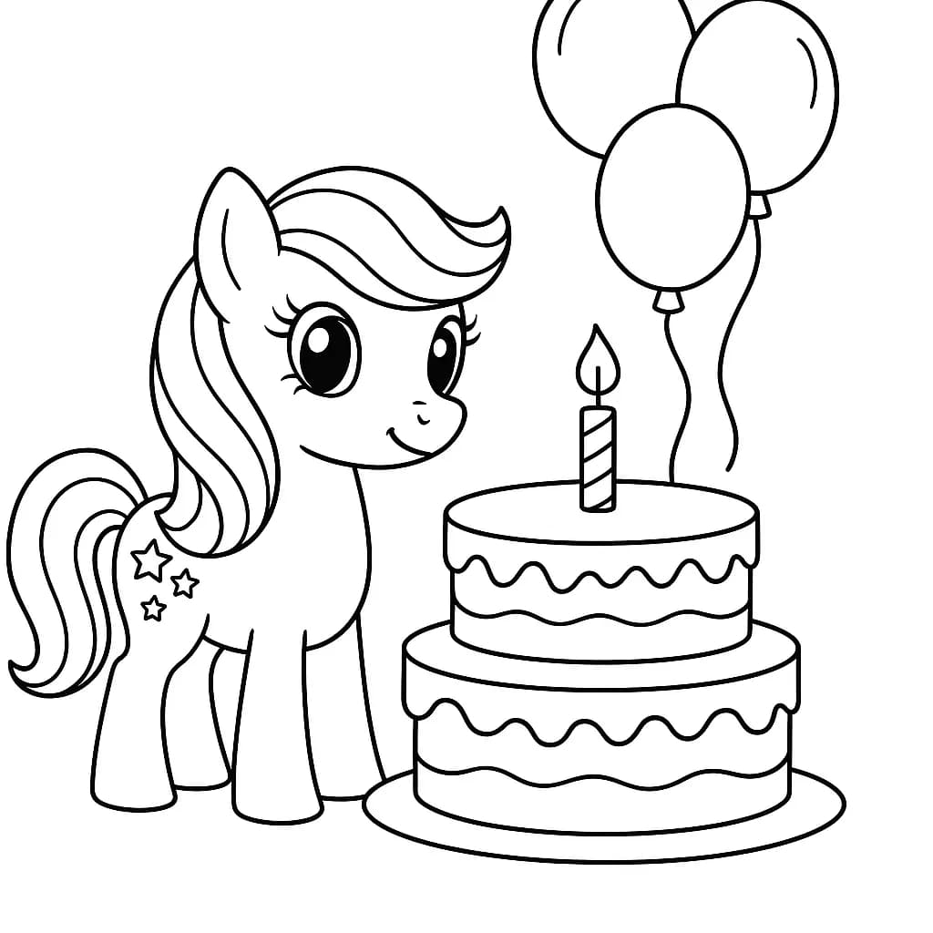 Simple outline of a My Little Pony with a big birthday cake and balloons, easy for preschool kids
